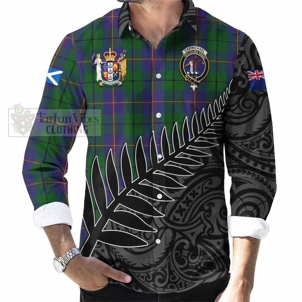 Tartan Vibes Clothing Carmichael Crest Tartan Long Sleeve Button Shirt with New Zealand Silver Fern Half Style