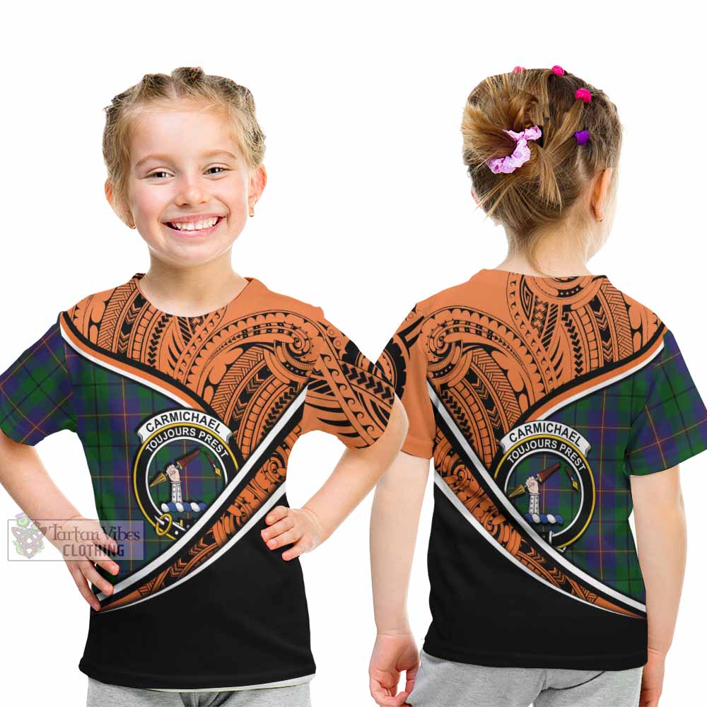 Tartan Vibes Clothing Carmichael Crest Tartan Kid T-Shirt with Maori Tattoo Style - Orange Version