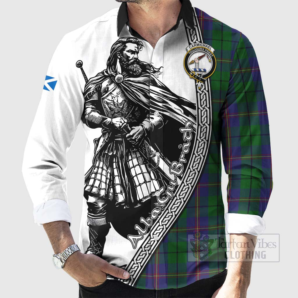 Tartan Vibes Clothing Carmichael Tartan Clan Crest Long Sleeve Button Shirt with Highlander Warrior Celtic Style