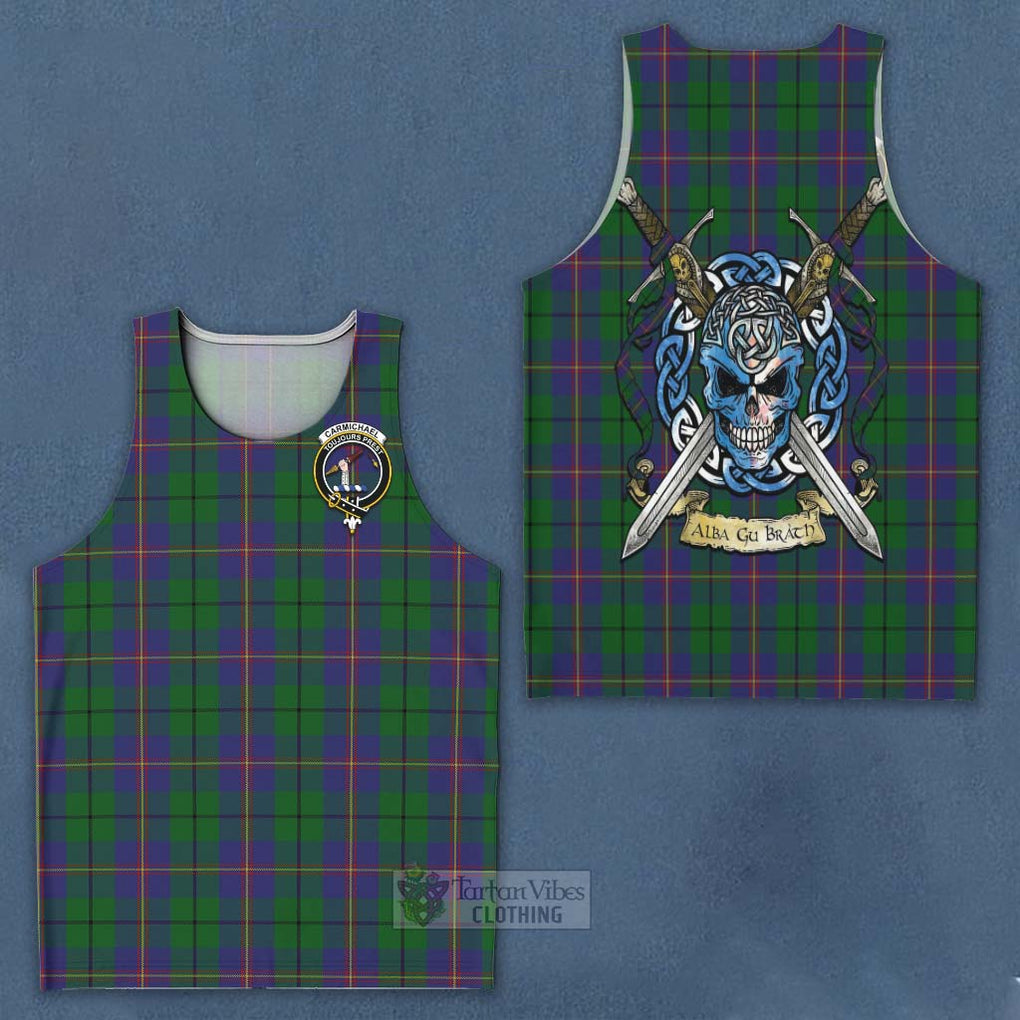 Tartan Vibes Clothing Carmichael Tartan Men's Tank Top with Family Crest Celtic Skull Style