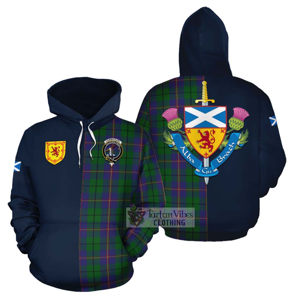 Tartan Vibes Clothing Carmichael Tartan Cotton Hoodie Alba with Scottish Lion Royal Arm Half Style