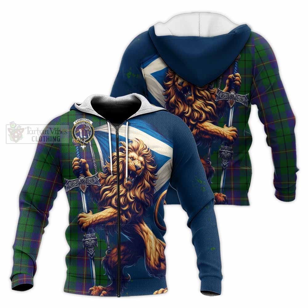 Tartan Vibes Clothing Carmichael Tartan Family Crest Knitted Hoodie with Scottish Majestic Lion