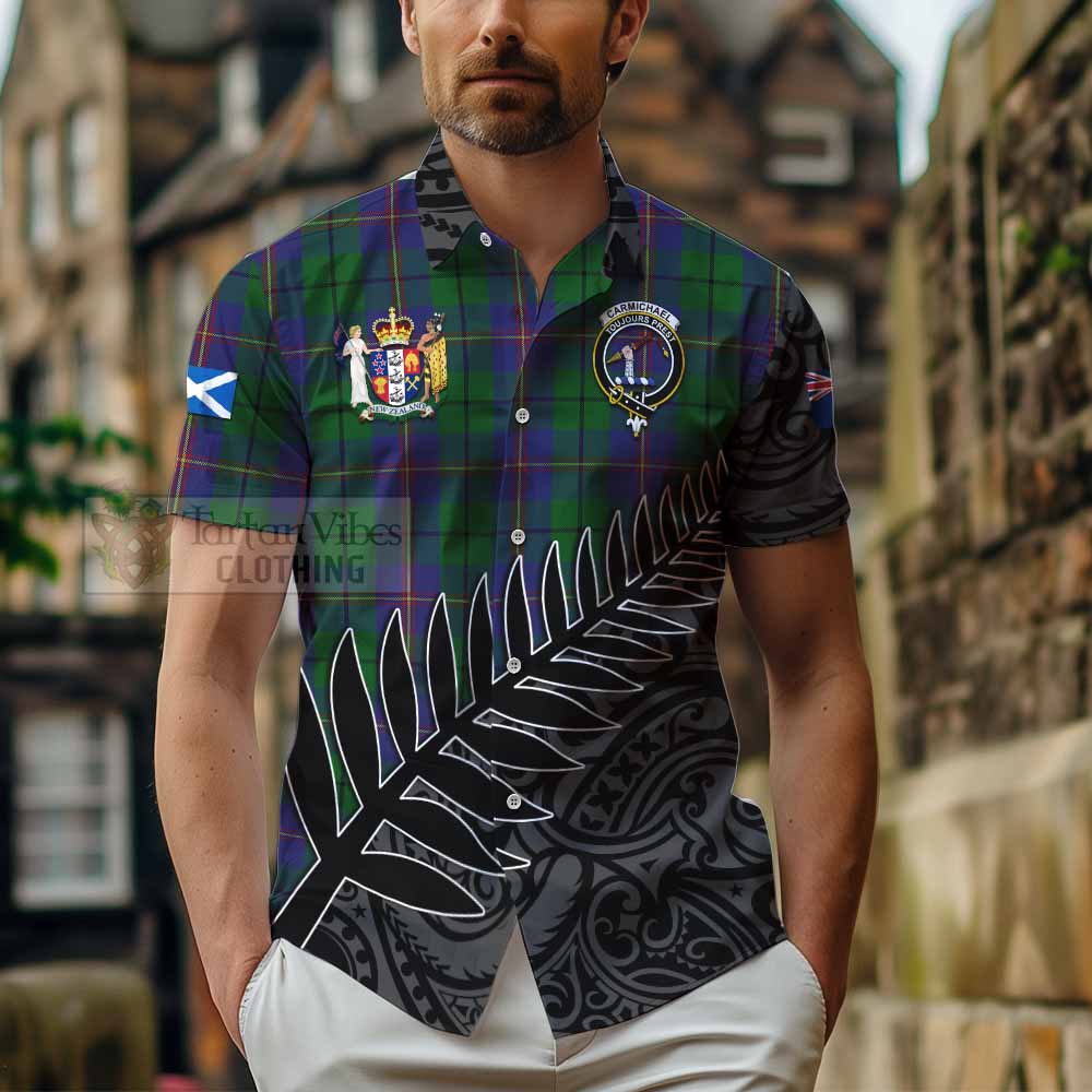 Tartan Vibes Clothing Carmichael Crest Tartan Short Sleeve Button Shirt with New Zealand Silver Fern Half Style