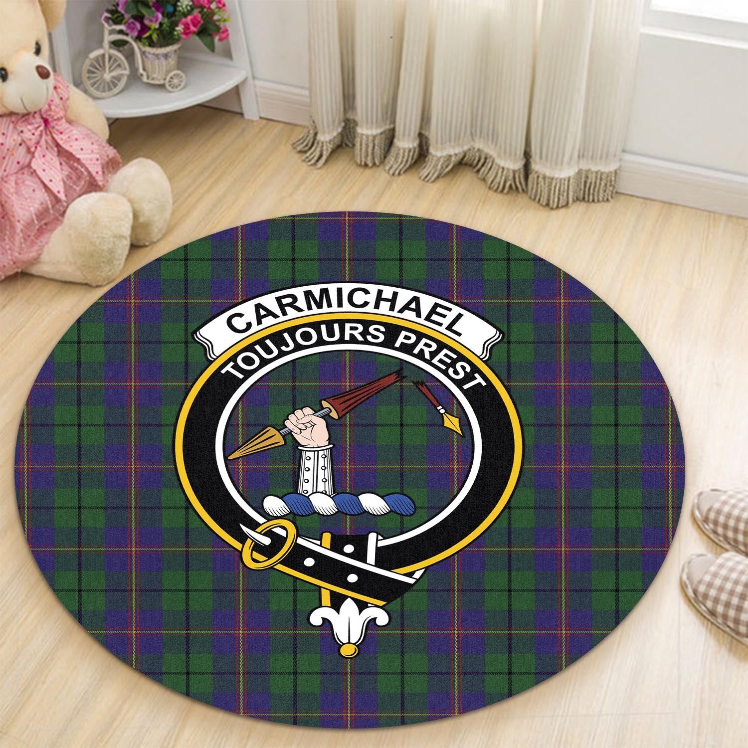 Carmichael Tartan Round Rug with Family Crest - Tartanvibesclothing