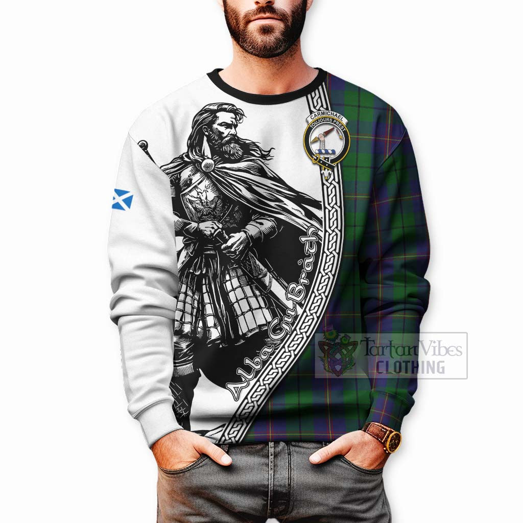 Tartan Vibes Clothing Carmichael Tartan Clan Crest Sweatshirt with Highlander Warrior Celtic Style