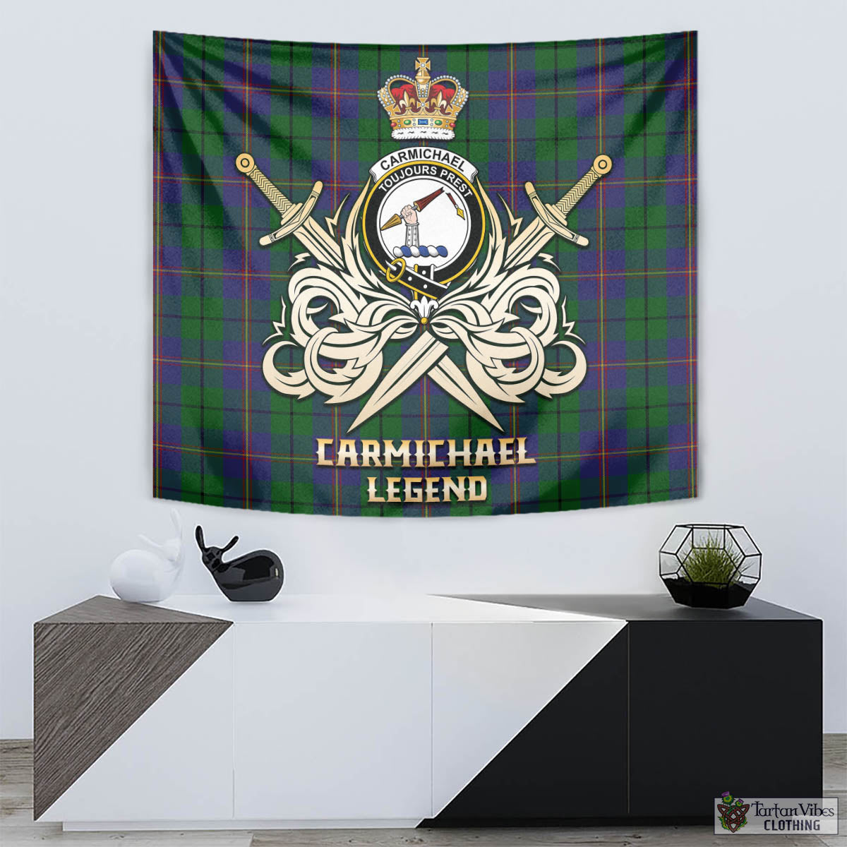 Tartan Vibes Clothing Carmichael Tartan Tapestry with Clan Crest and the Golden Sword of Courageous Legacy