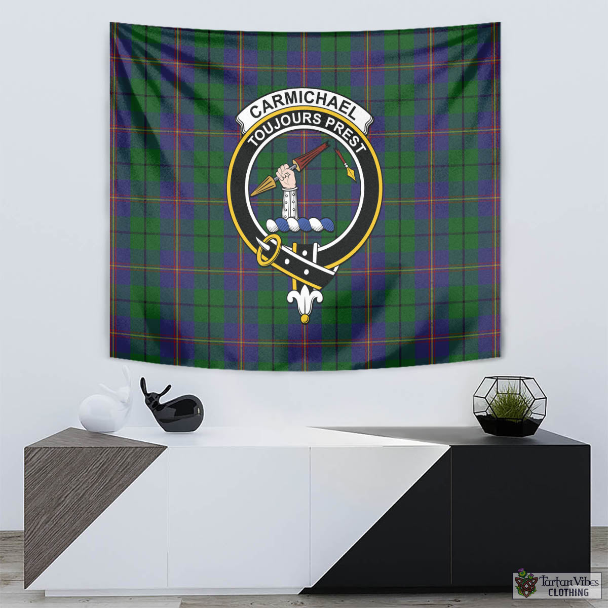 Tartan Vibes Clothing Carmichael Tartan Tapestry Wall Hanging and Home Decor for Room with Family Crest