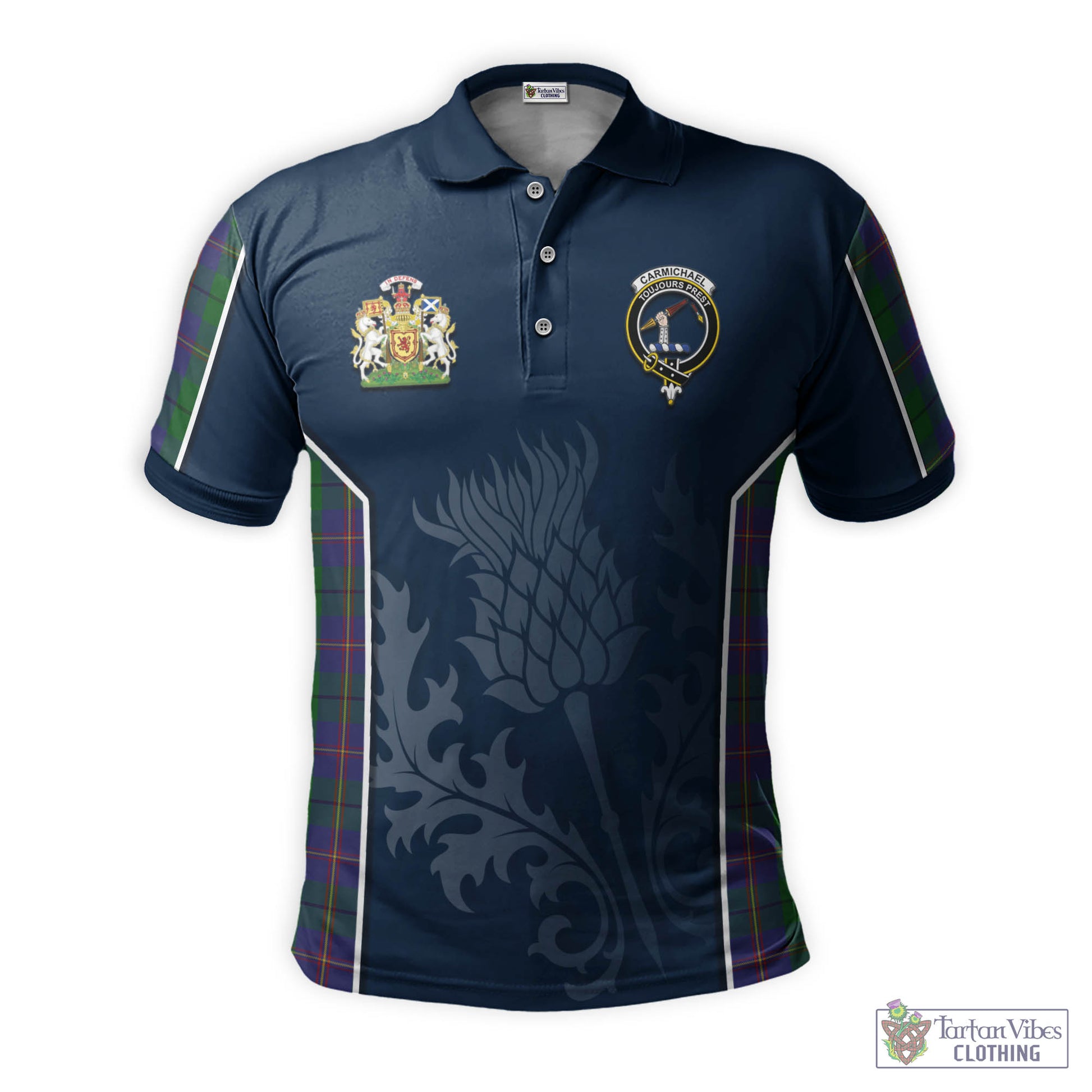 Tartan Vibes Clothing Carmichael Tartan Men's Polo Shirt with Family Crest and Scottish Thistle Vibes Sport Style