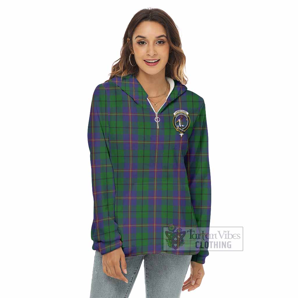 Tartan Vibes Clothing Carmichael Tartan Crest Women's Borg  Half Zip Fleece Hoodie