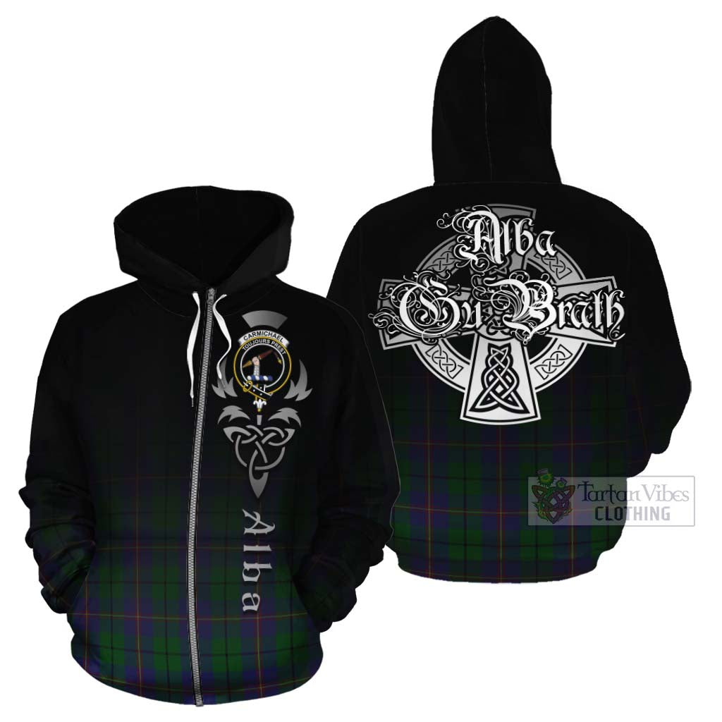 Tartan Vibes Clothing Carmichael Tartan Cotton Hoodie Featuring Alba Gu Brath Family Crest Celtic Inspired