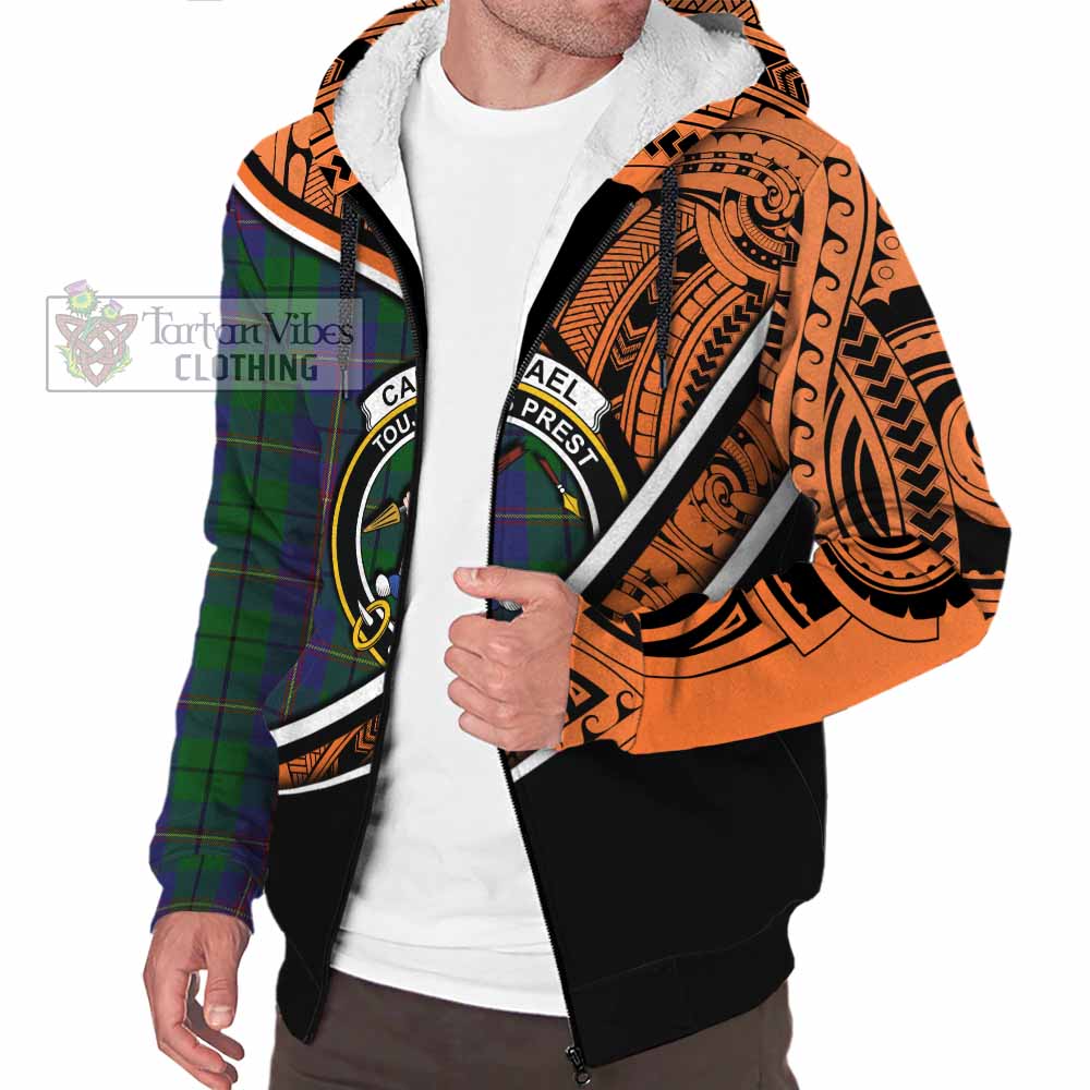 Tartan Vibes Clothing Carmichael Crest Tartan Sherpa Hoodie with Maori Tattoo Style - Orange Version