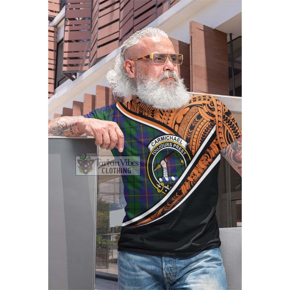 Tartan Vibes Clothing Carmichael Crest Tartan Cotton T-shirt with Maori Tattoo Style - Orange Version