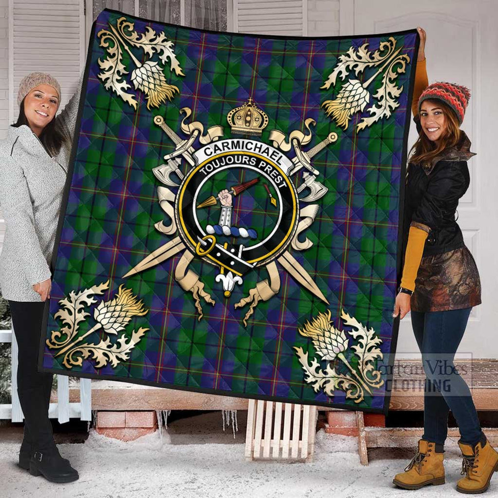 Tartan Vibes Clothing Carmichael Tartan Quilt with Family Crest and Scottish Golden Courage Shield