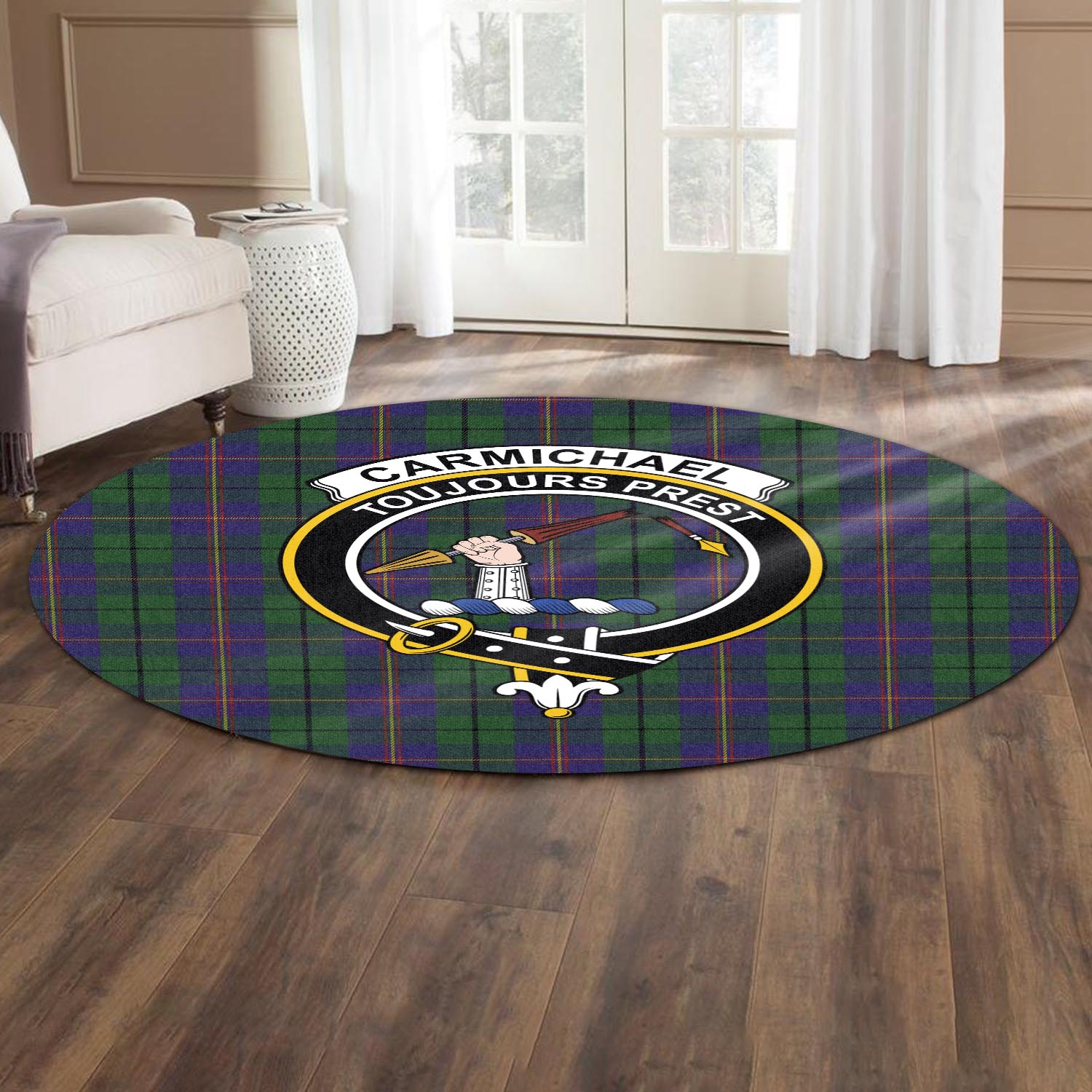 Carmichael Tartan Round Rug with Family Crest - Tartanvibesclothing