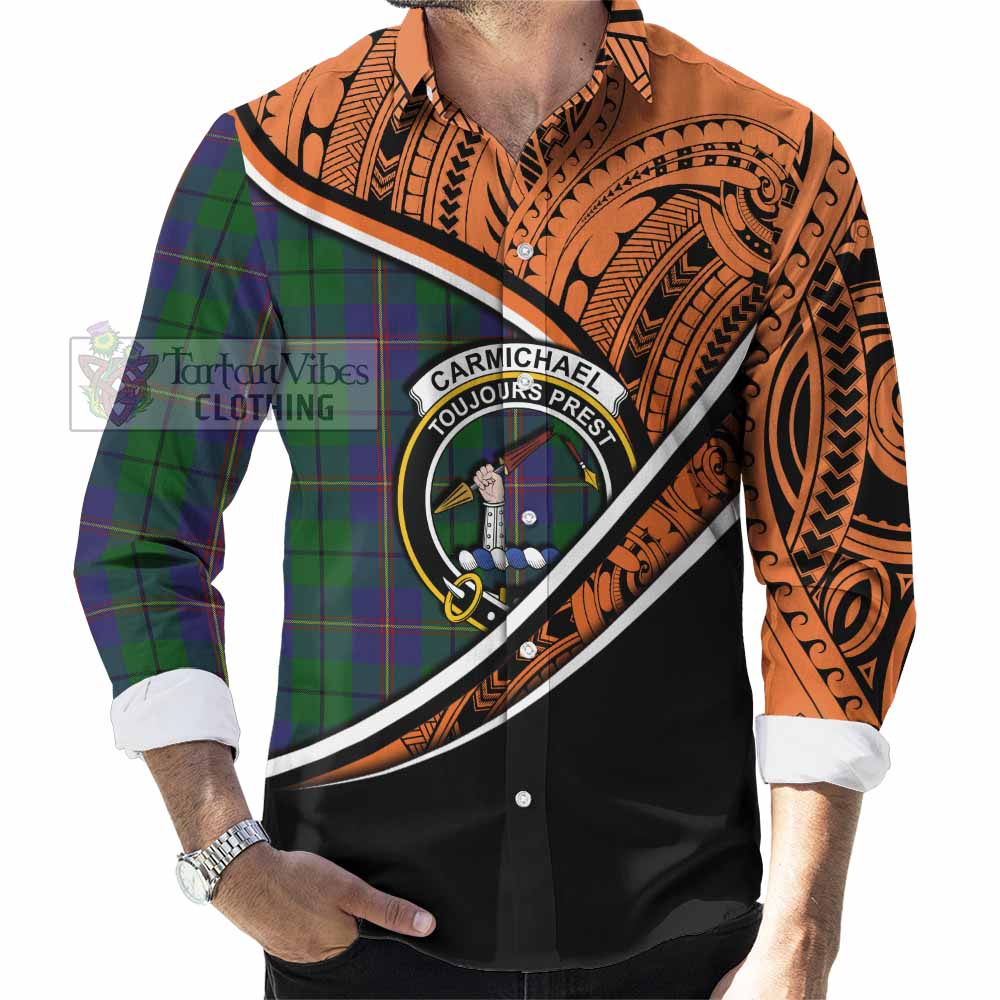 Tartan Vibes Clothing Carmichael Crest Tartan Long Sleeve Button Shirt with Maori Tattoo Style - Orange Version