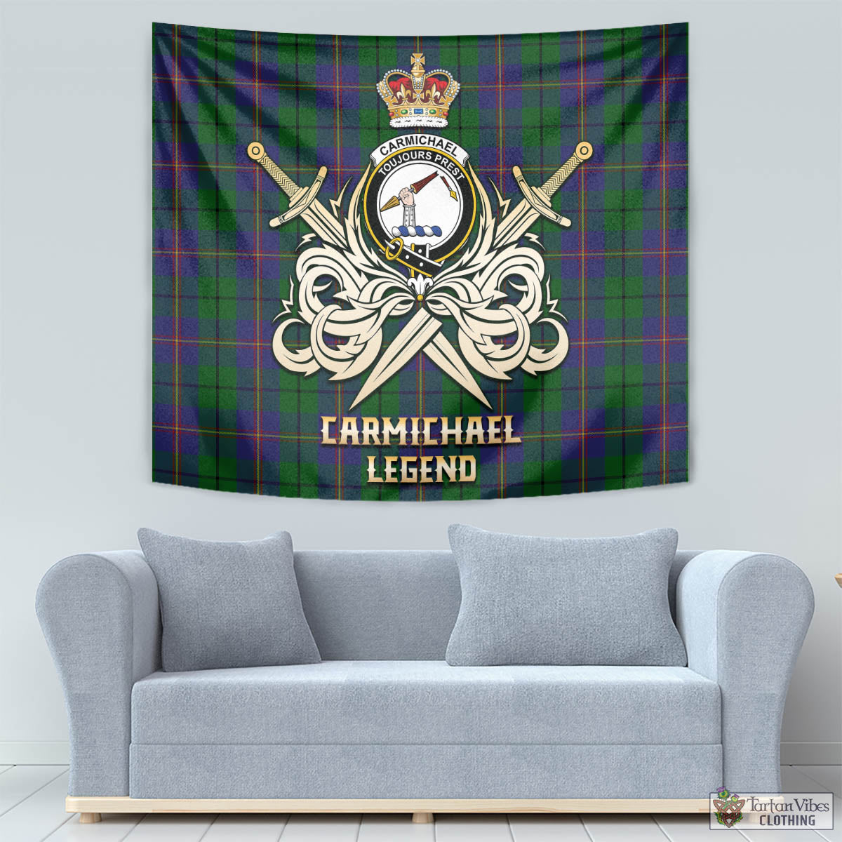 Tartan Vibes Clothing Carmichael Tartan Tapestry with Clan Crest and the Golden Sword of Courageous Legacy