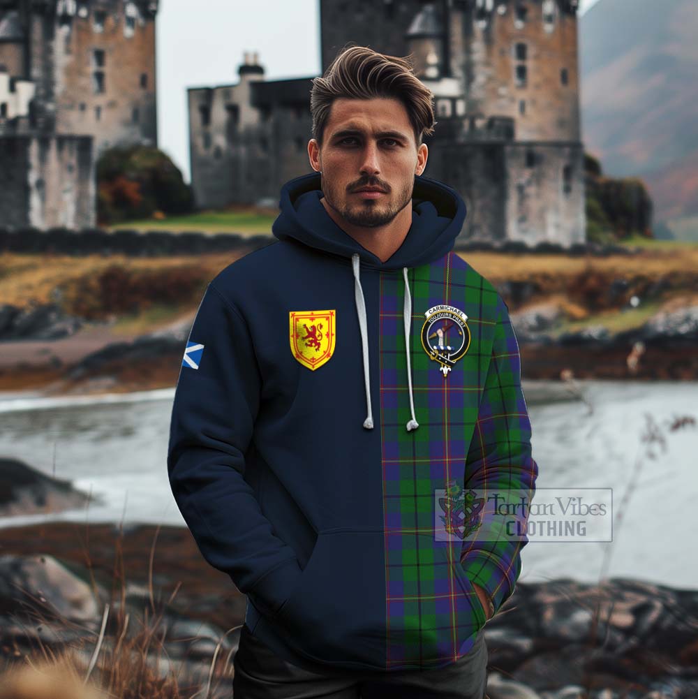 Tartan Vibes Clothing Carmichael Tartan Cotton Hoodie Alba with Scottish Lion Royal Arm Half Style