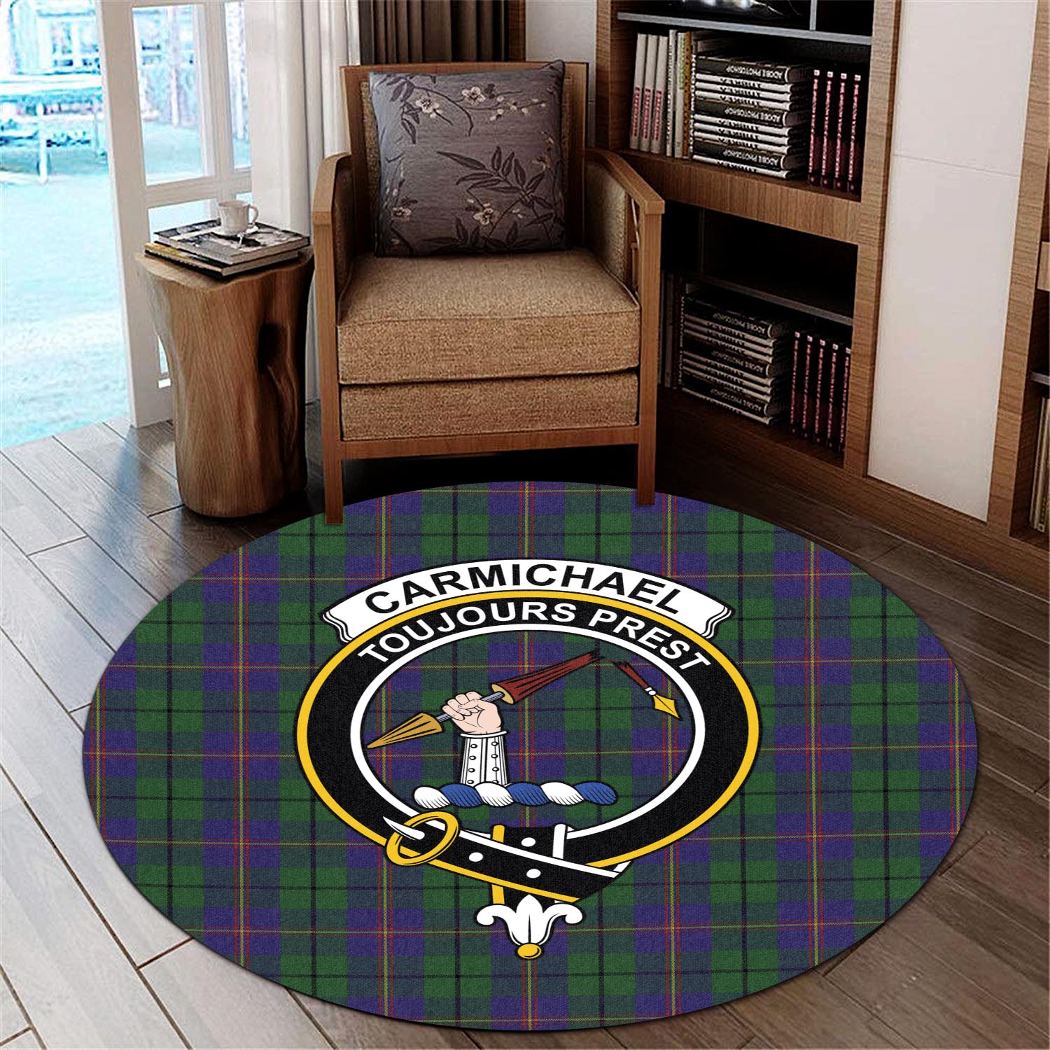 Carmichael Tartan Round Rug with Family Crest - Tartanvibesclothing