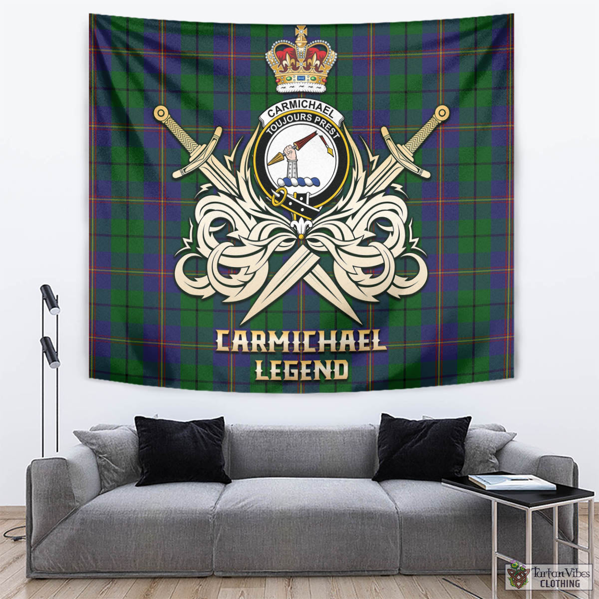 Tartan Vibes Clothing Carmichael Tartan Tapestry with Clan Crest and the Golden Sword of Courageous Legacy