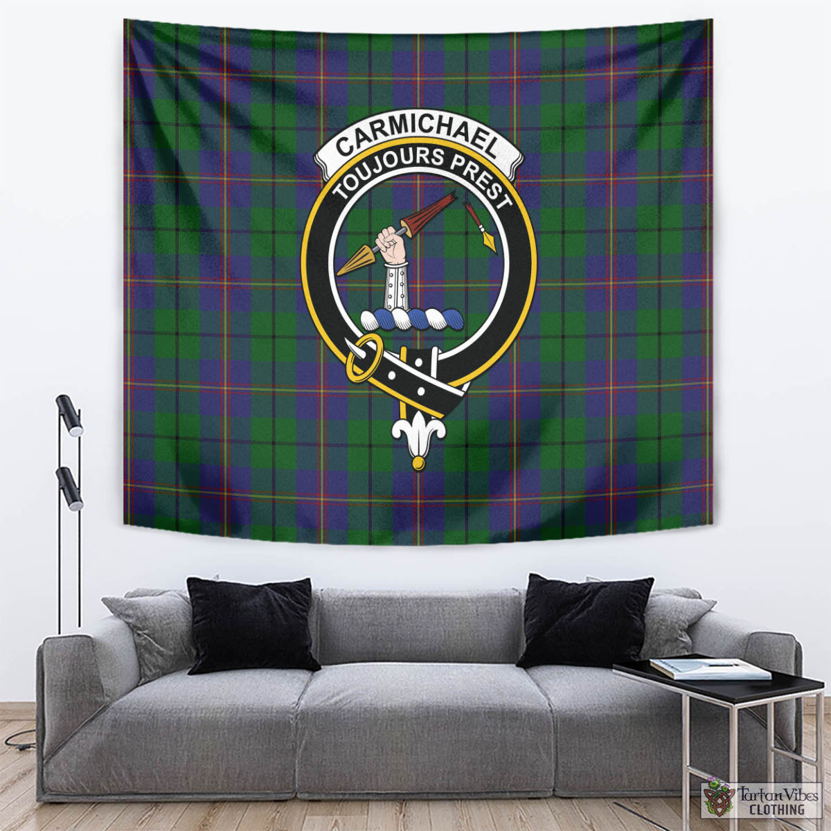 Tartan Vibes Clothing Carmichael Tartan Tapestry Wall Hanging and Home Decor for Room with Family Crest