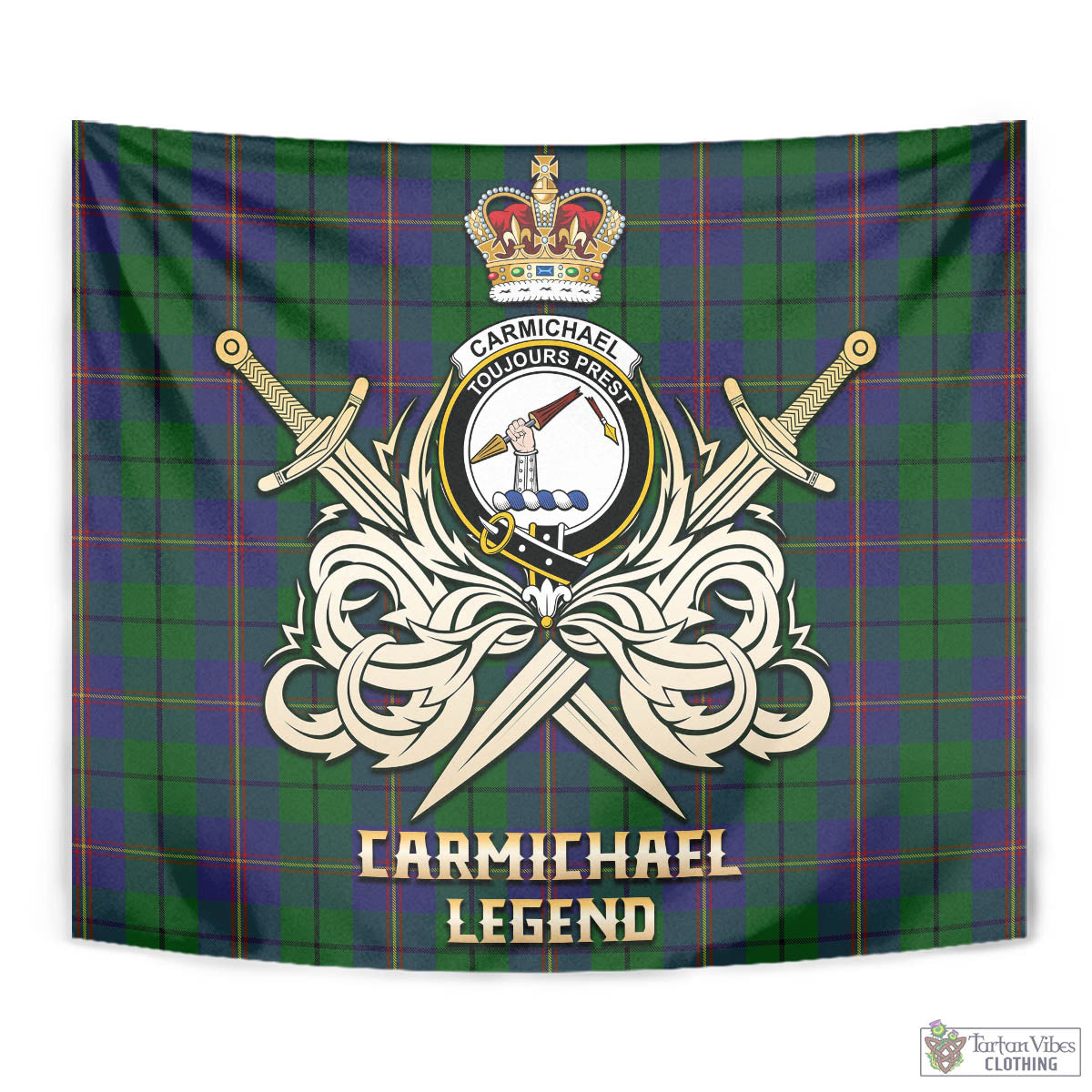 Tartan Vibes Clothing Carmichael Tartan Tapestry with Clan Crest and the Golden Sword of Courageous Legacy