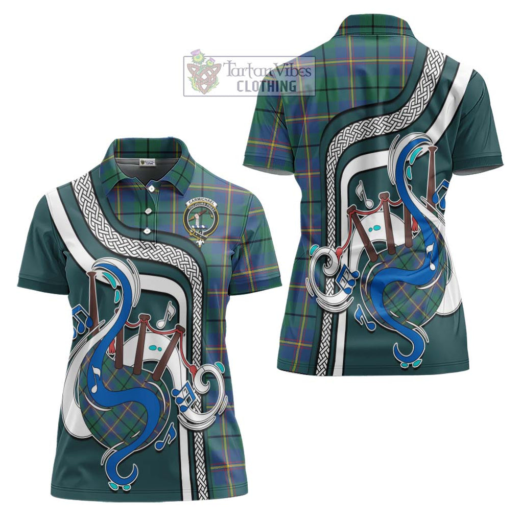 Carmichael Ancient Tartan Women's Polo Shirt with Epic Bagpipe Style Women - Tartanvibesclothing Shop