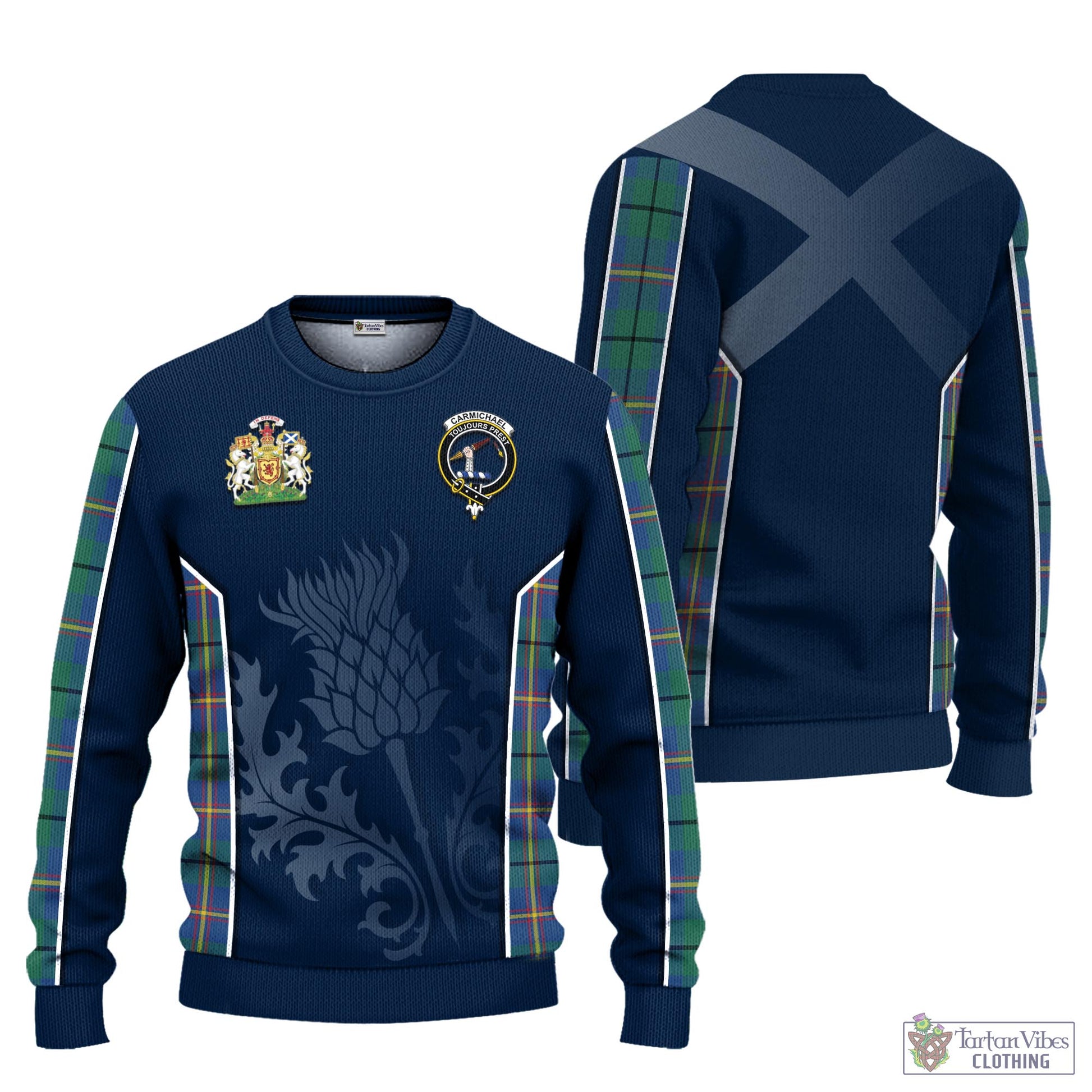 Tartan Vibes Clothing Carmichael Ancient Tartan Knitted Sweatshirt with Family Crest and Scottish Thistle Vibes Sport Style