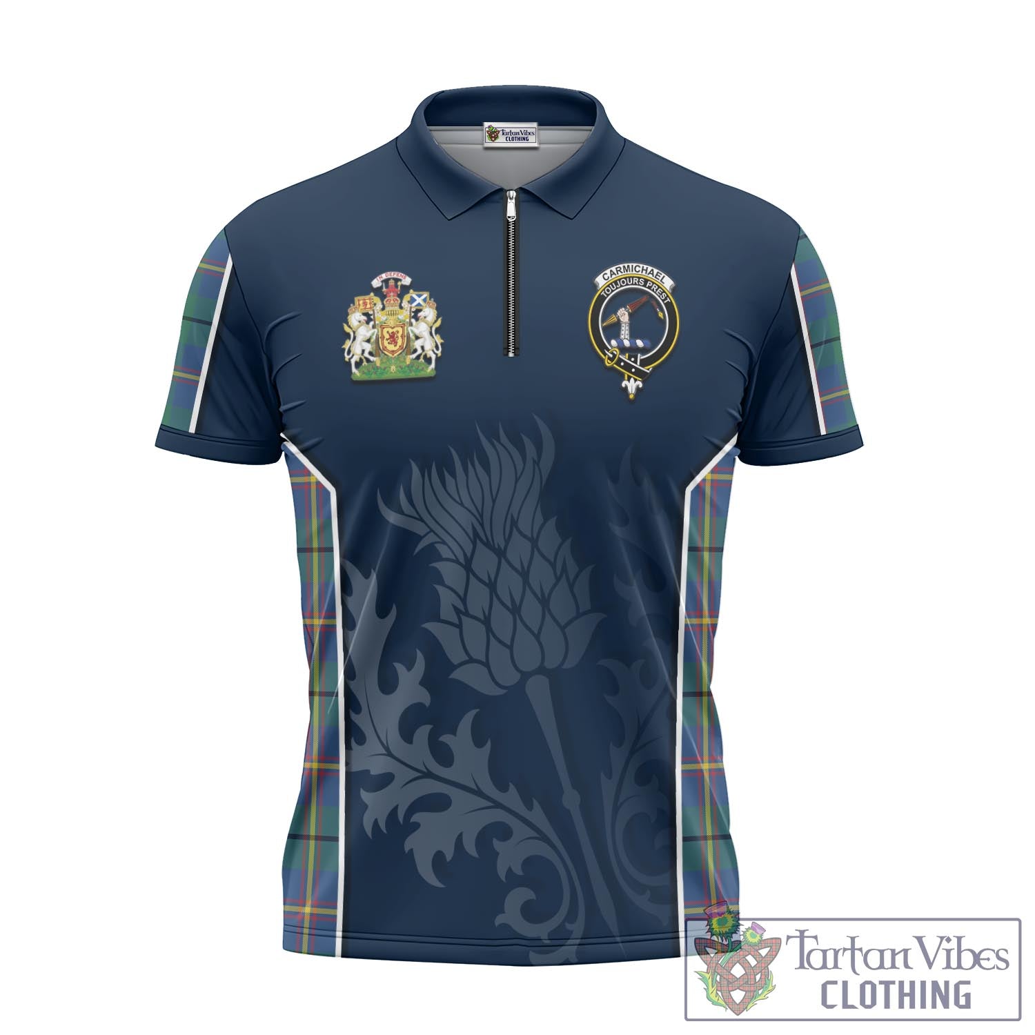 Tartan Vibes Clothing Carmichael Ancient Tartan Zipper Polo Shirt with Family Crest and Scottish Thistle Vibes Sport Style