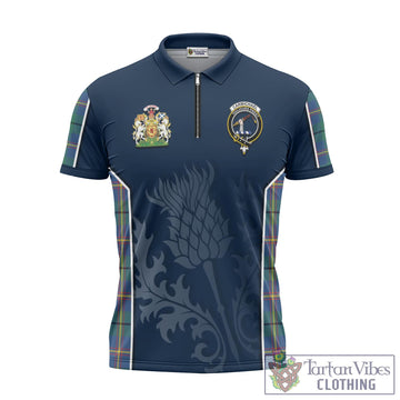 Carmichael Ancient Tartan Zipper Polo Shirt with Family Crest and Scottish Thistle Vibes Sport Style