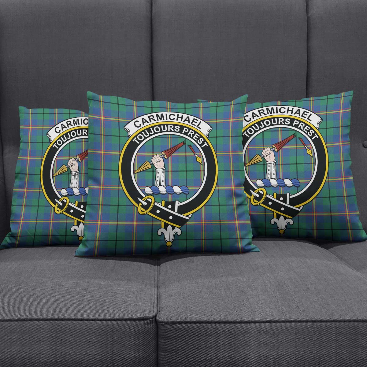 Carmichael Ancient Tartan Pillow Cover with Family Crest Square Pillow Cover - Tartanvibesclothing