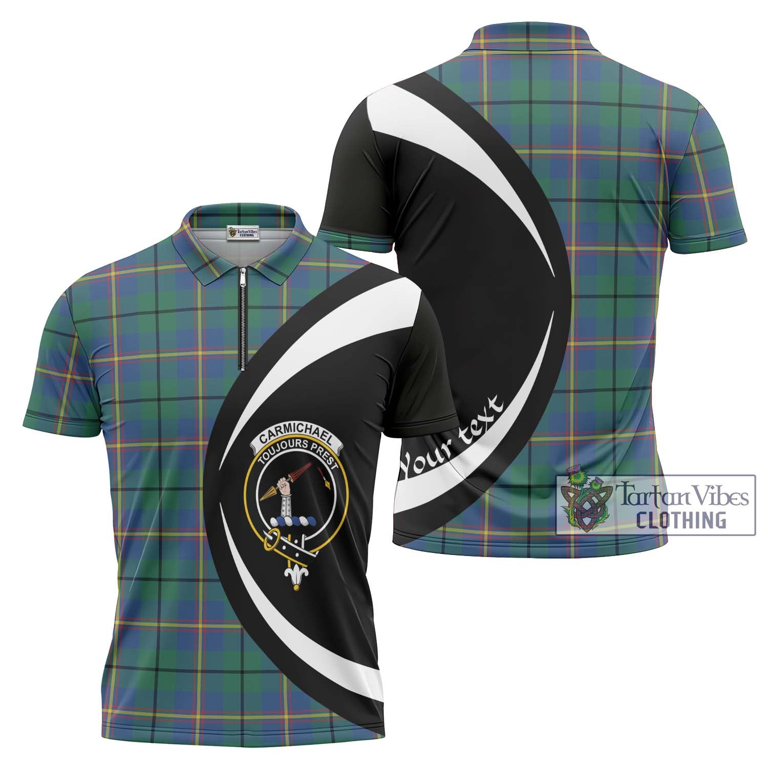 Tartan Vibes Clothing Carmichael Ancient Tartan Zipper Polo Shirt with Family Crest Circle Style