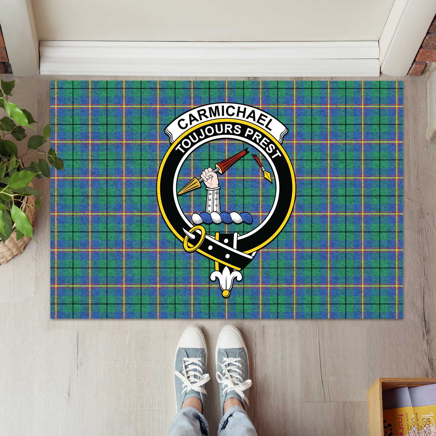 Carmichael Ancient Tartan Door Mat with Family Crest - Tartanvibesclothing