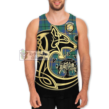 Carmichael Ancient Tartan Men's Tank Top with Family Crest Celtic Wolf Style