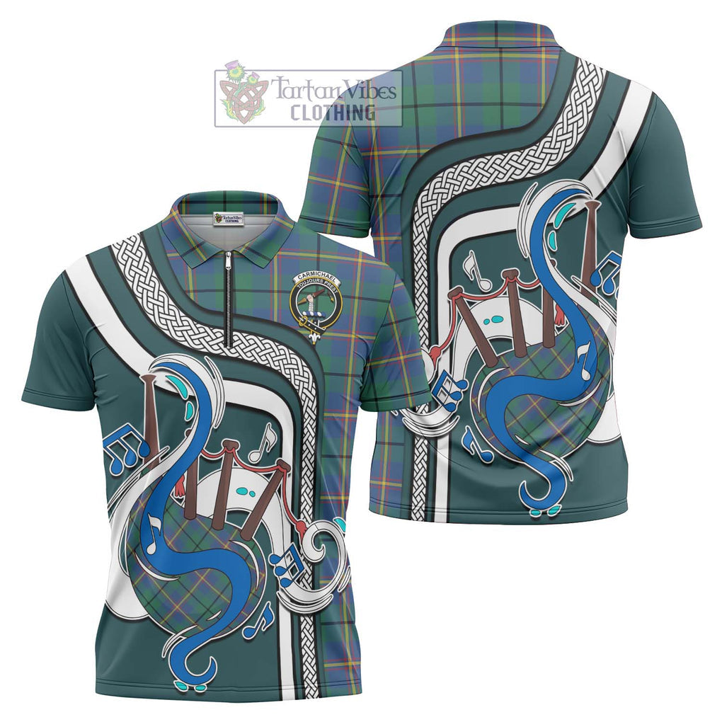 Carmichael Ancient Tartan Zipper Polo Shirt with Epic Bagpipe Style Unisex - Tartanvibesclothing Shop