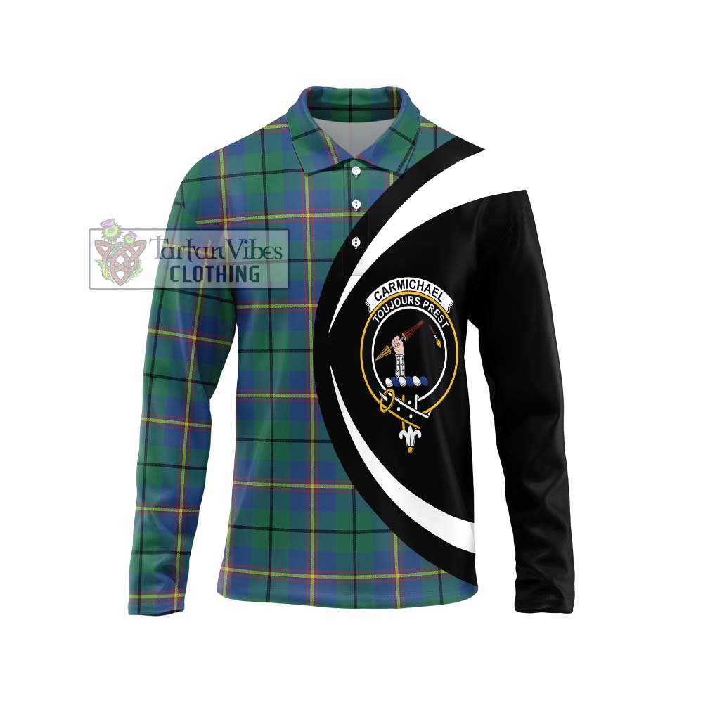 Carmichael Ancient Tartan Long Sleeve Polo Shirt with Family Crest Circle Style Unisex - Tartan Vibes Clothing