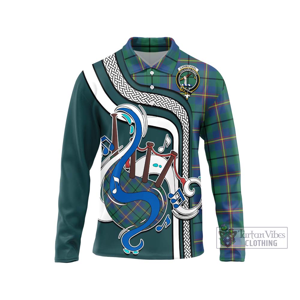 Tartan Vibes Clothing Carmichael Ancient Tartan Long Sleeve Polo Shirt with Epic Bagpipe Style