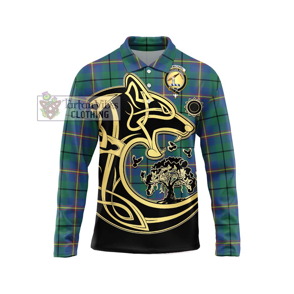 Carmichael Ancient Tartan Long Sleeve Polo Shirt with Family Crest Celtic Wolf Style Unisex - Tartanvibesclothing Shop