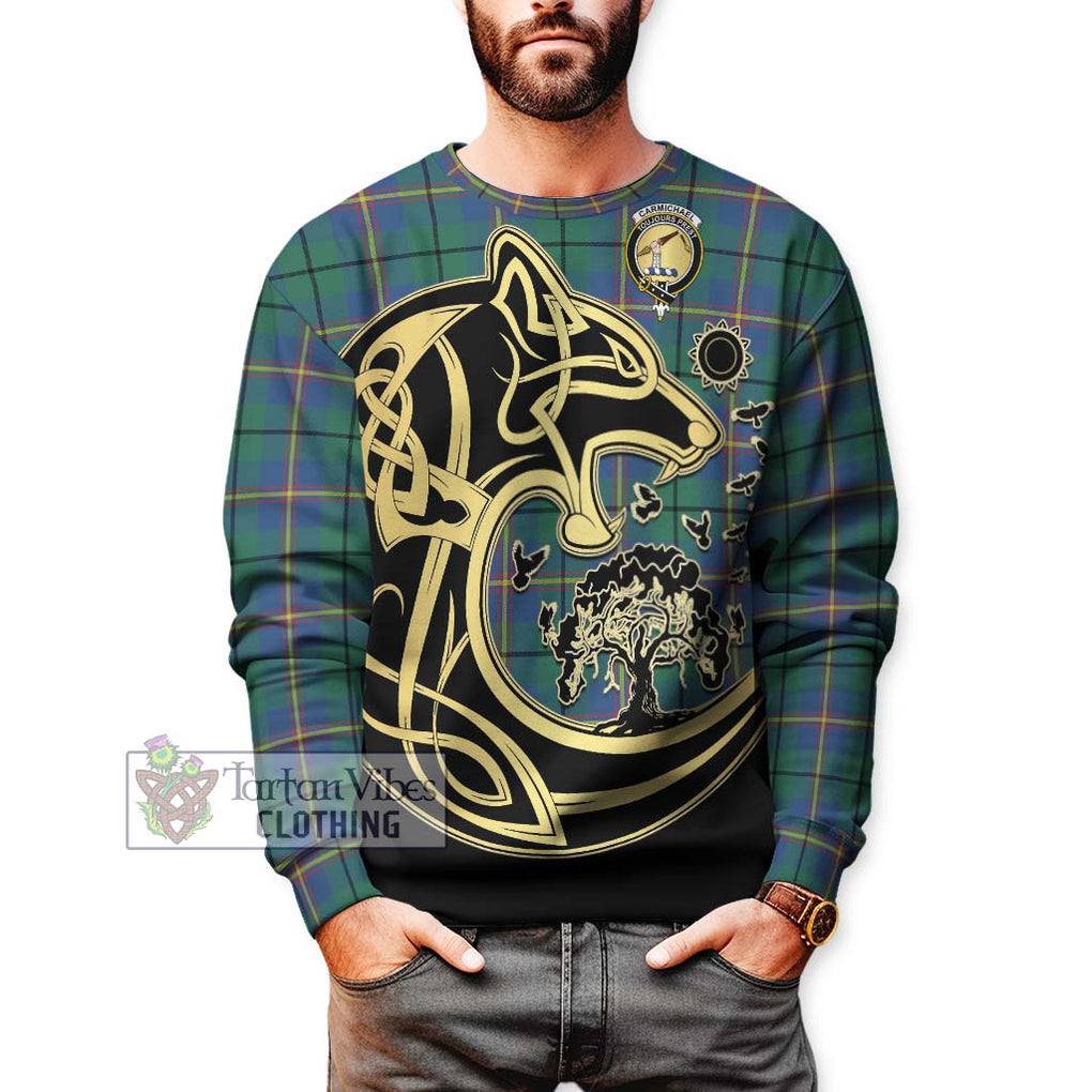 Carmichael Ancient Tartan Sweatshirt with Family Crest Celtic Wolf Style Unisex - Tartan Vibes Clothing