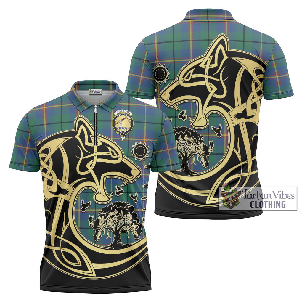 Carmichael Ancient Tartan Zipper Polo Shirt with Family Crest Celtic Wolf Style Unisex - Tartanvibesclothing Shop