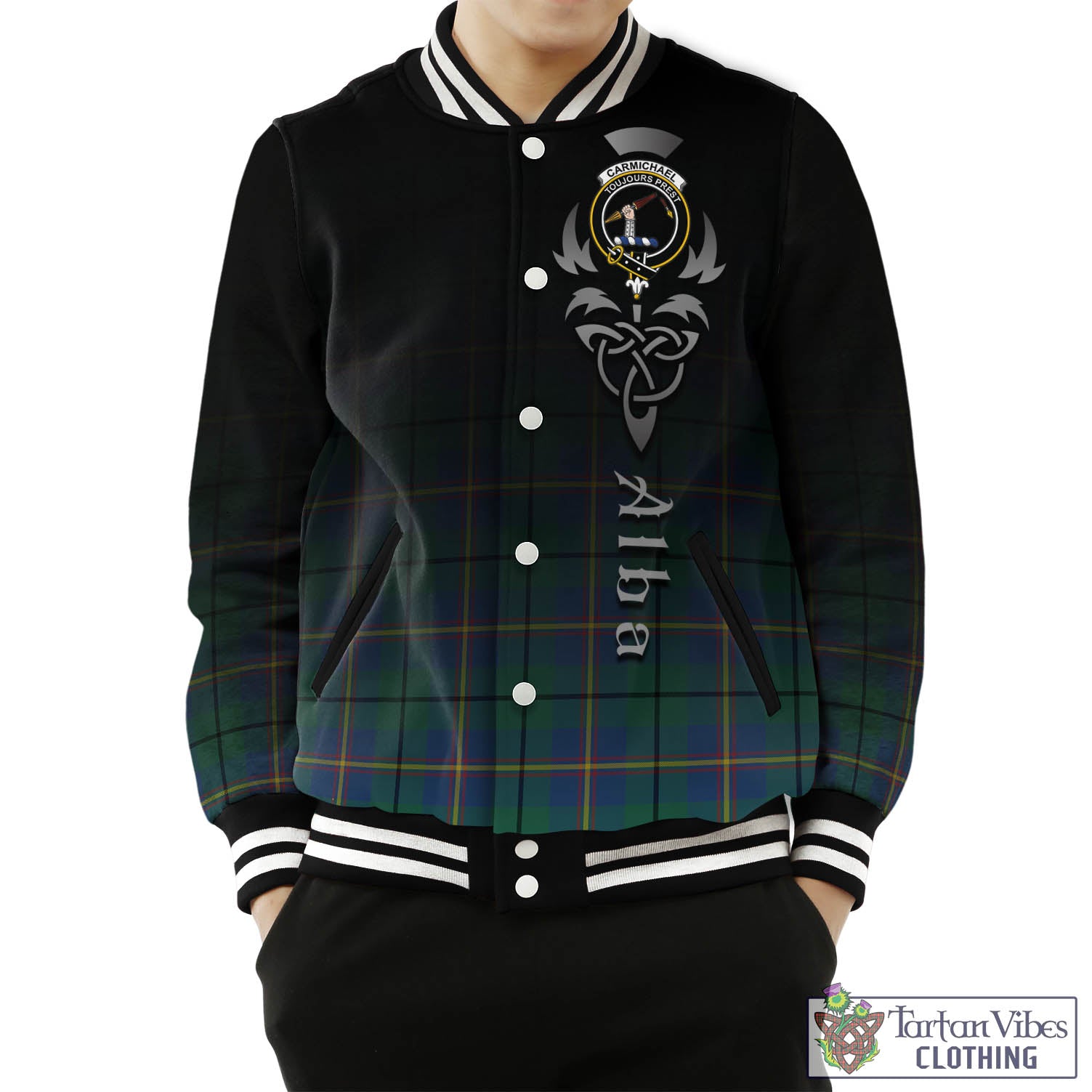 Tartan Vibes Clothing Carmichael Ancient Tartan Baseball Jacket Featuring Alba Gu Brath Family Crest Celtic Inspired