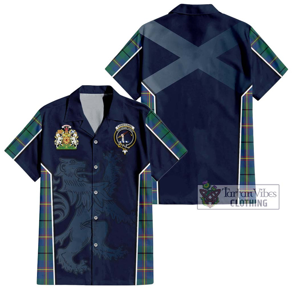 Carmichael Ancient Tartan Short Sleeve Button Shirt with Family Crest and Lion Rampant Vibes Sport Style Kid - Tartan Vibes Clothing