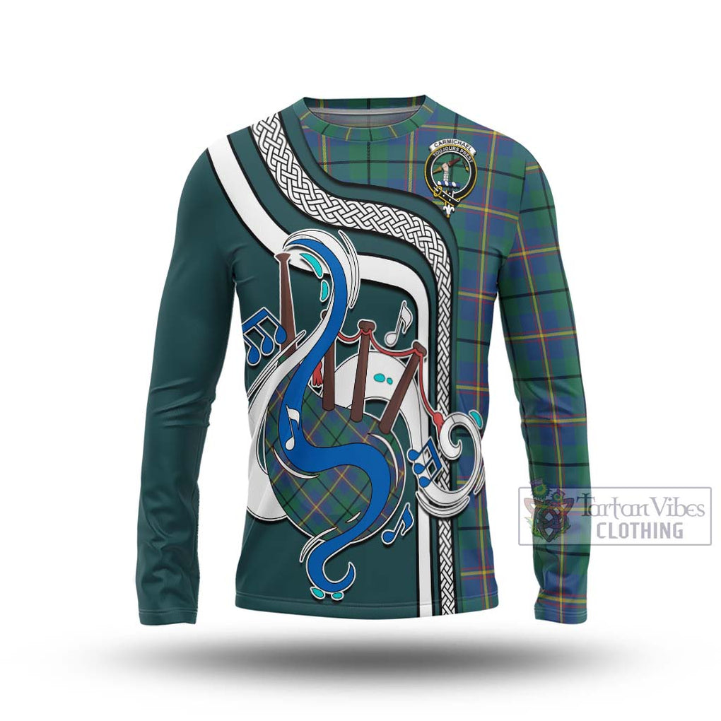 Tartan Vibes Clothing Carmichael Ancient Tartan Long Sleeve T-Shirt with Epic Bagpipe Style