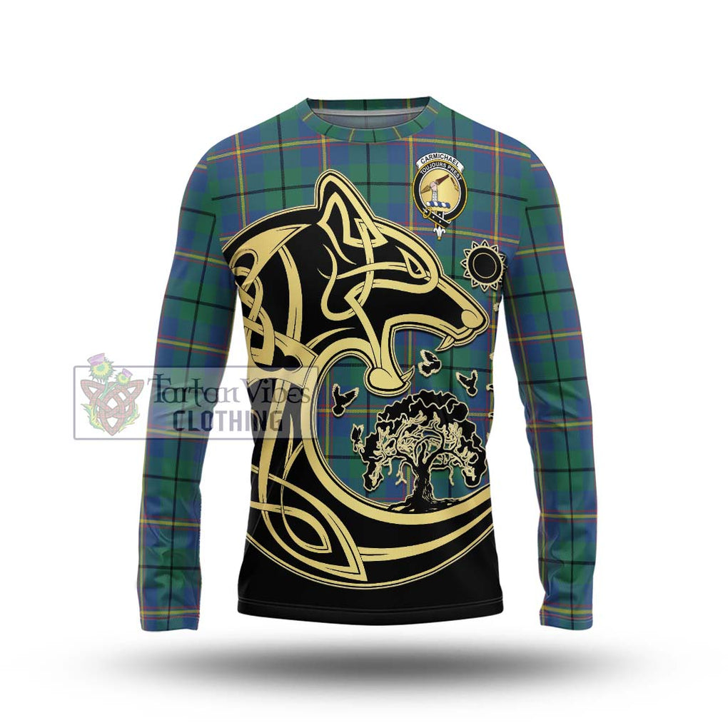 Carmichael Ancient Tartan Long Sleeve T-Shirt with Family Crest Celtic Wolf Style Unisex - Tartan Vibes Clothing