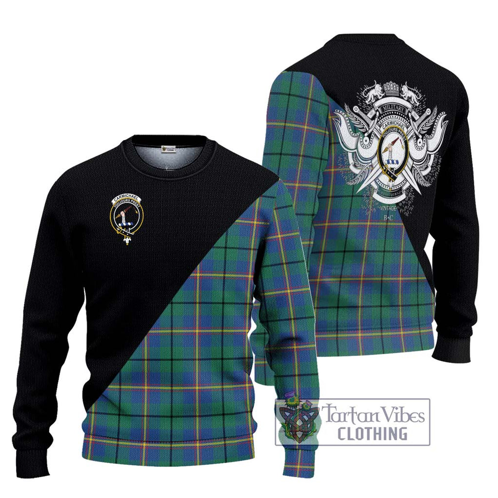 Carmichael Ancient Tartan Knitted Sweater with Family Crest and Military Logo Style Unisex - Tartanvibesclothing Shop