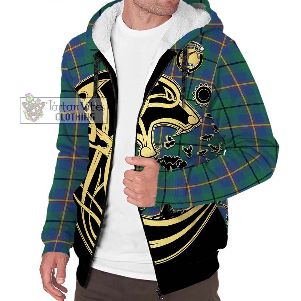 Carmichael Ancient Tartan Sherpa Hoodie with Family Crest Celtic Wolf Style Unisex S - Tartan Vibes Clothing