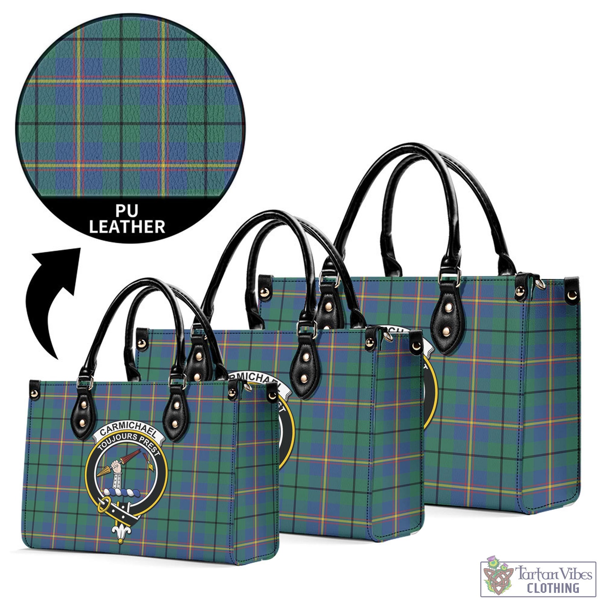 Tartan Vibes Clothing Carmichael Ancient Tartan Luxury Leather Handbags with Family Crest