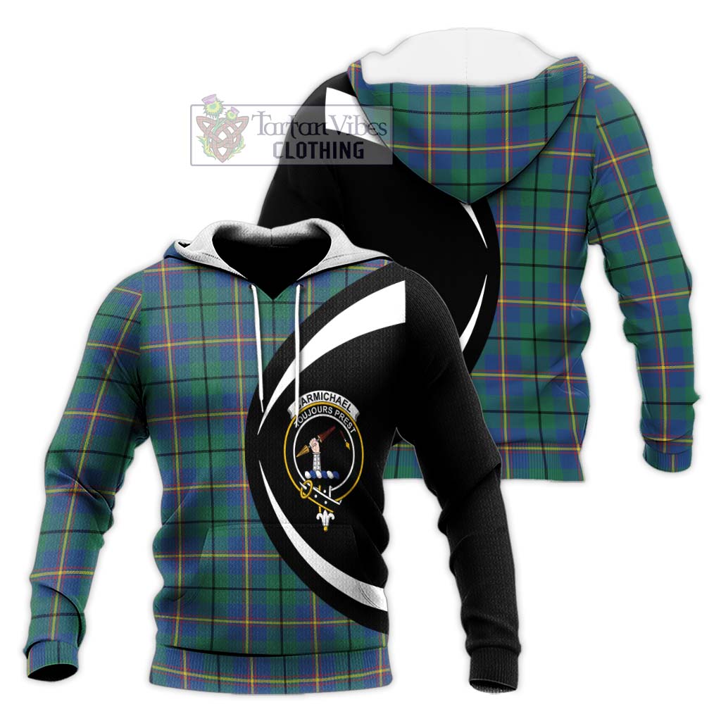 Carmichael Ancient Tartan Knitted Hoodie with Family Crest Circle Style Unisex Knitted Pullover Hoodie - Tartan Vibes Clothing