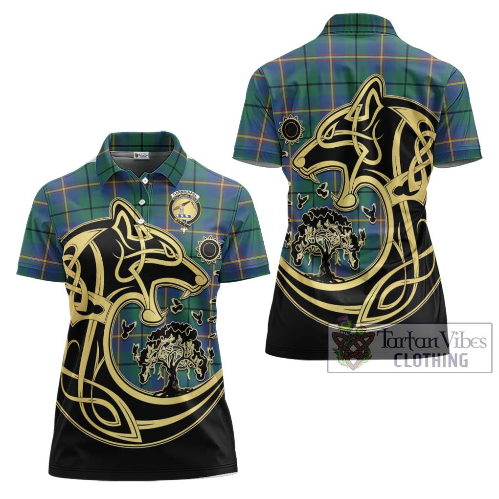 Carmichael Ancient Tartan Women's Polo Shirt with Family Crest Celtic Wolf Style Women - Tartanvibesclothing Shop