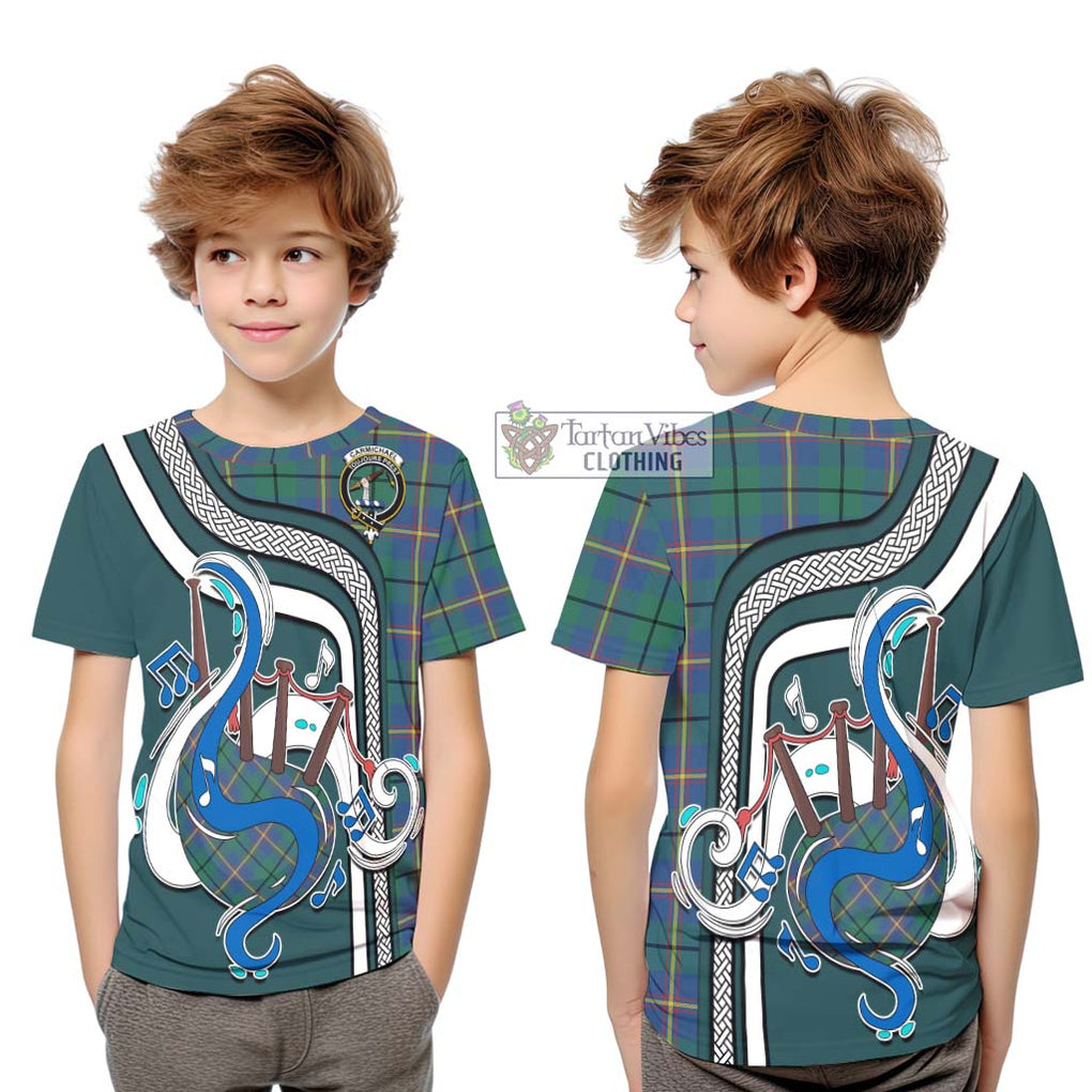 Tartan Vibes Clothing Carmichael Ancient Tartan Kid T-Shirt with Epic Bagpipe Style