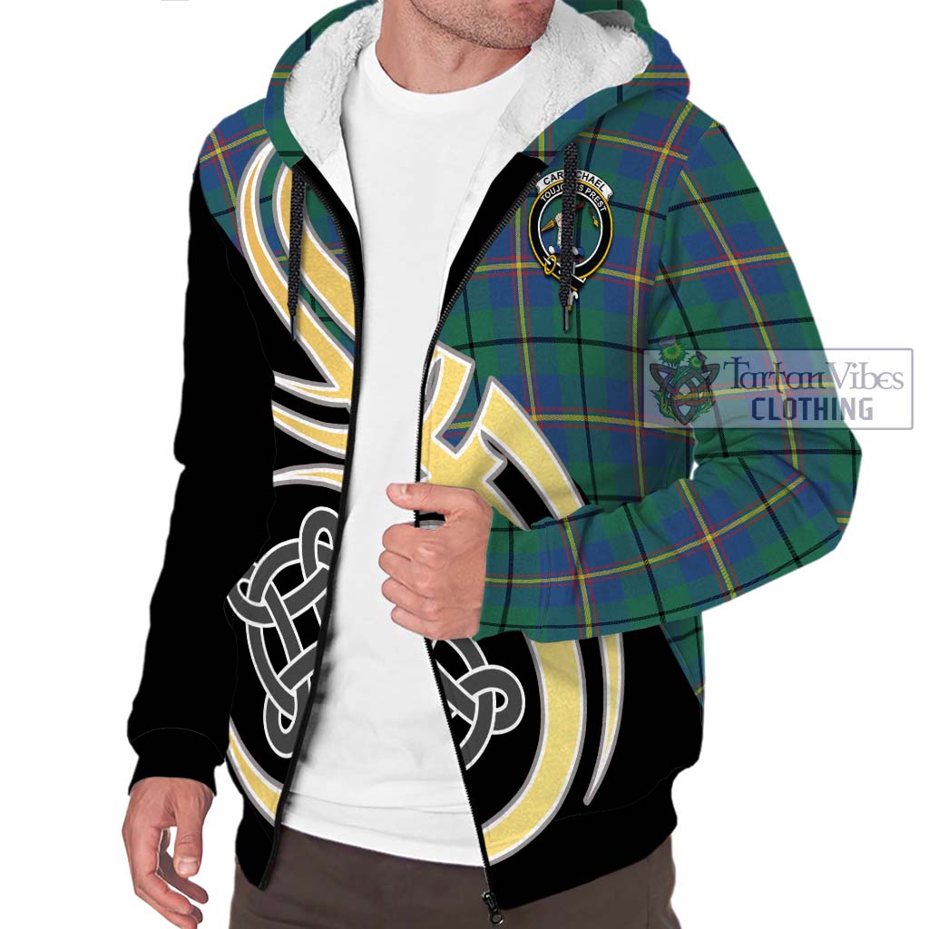 Carmichael Ancient Tartan Sherpa Hoodie with Family Crest and Celtic Symbol Style - Tartan Vibes Clothing